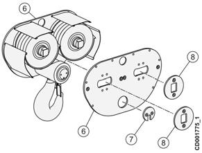 Re-assembly Lubricate the thrust bearing (4) and the shaft of the hook (1) and place the thrust bearing in the cross bar (3). Insert the hook (1) into the cross bar (3).