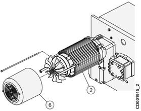 Pass the motor power cables through the hole in the hoisting gear (1). Install the hoisting motor (2) with screws.
