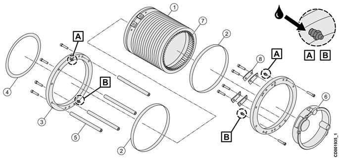 7.1.2 Rope drum 7.1.2.1 Construction of rope drum for hoist frame size: SX1, SX2, SX3, SX4, SX5 1. Rope drum 2. Needle-bearing strip (bearing band) 3. Bearing housing 4. Sealing 5. Connector rods 6.