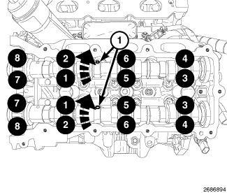Page 8 of 12 Fig 2: Bearing Cap Retaining Bolts Tightening Sequence - Left 1. Lubricate the camshaft journals with clean engine oil. 2. Install the left side camshaft(s) with the alignment holes (1) positioned approximately 30 before top-dead-center.