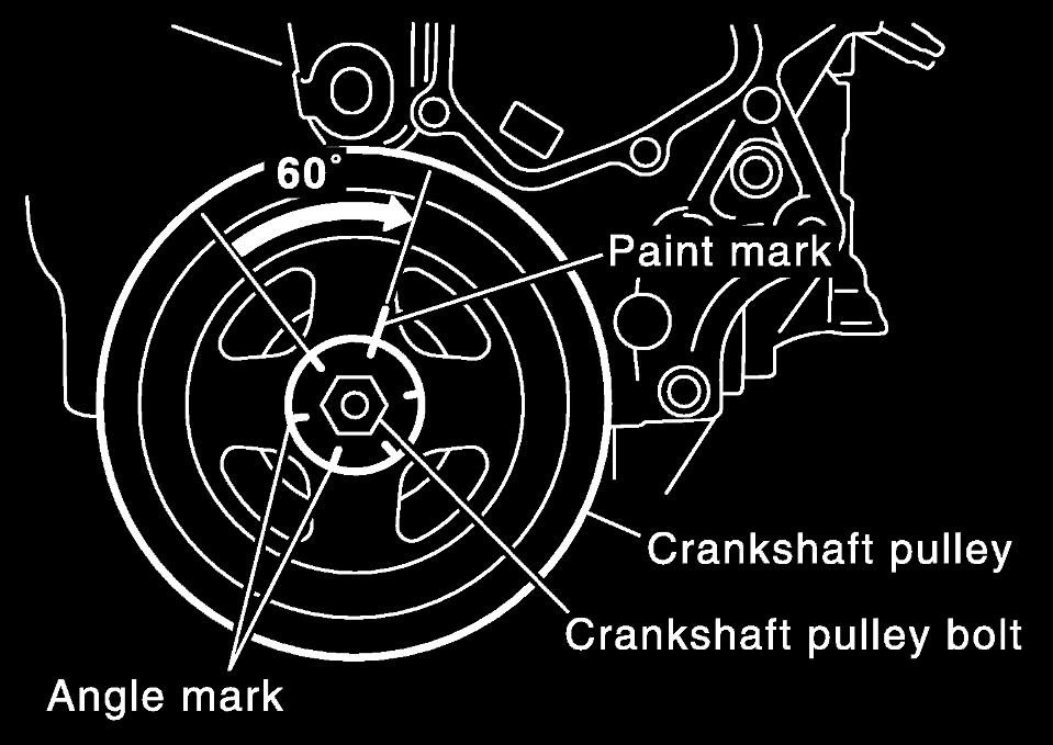 When inserting crankshaft pulley with a plastic hammer, tap on its center portion (not circumference). Do not damage front oil seal lip section. 21. Tighten crankshaft pulley bolt.