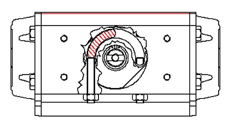 5. Push the pistons () into the body (1) until the piston teeth are stopped by the teeth of the pinion (2). 6.