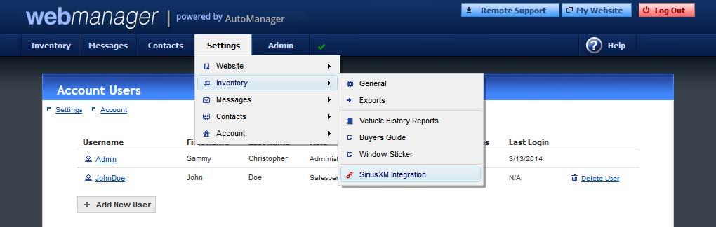 Step Two: Enrolling in the SiriusXM Program Once you are logged in hover your mouse over the Settings menu.