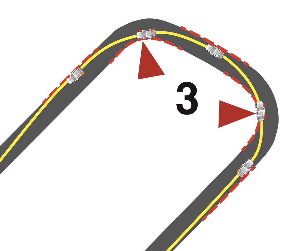 The Beginning of 3 is blind, and then off camber (meaning slopes away from you, so not a lot of grip). Pick a braking point, and plan your turn in by spotting the curbing on the left.