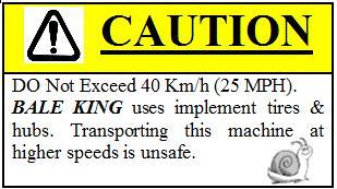 Maximum speed for agricultural tires is 25 mph or 40km/h. NOTE: Warranty does not cover damaged rims and hubs due to loose wheel bolts.