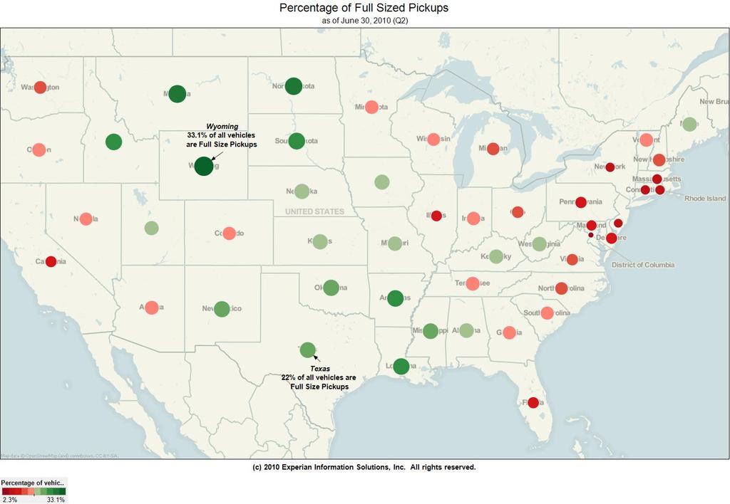 Full-Size Pickup Share by State Percentage of Vehicles in Operation 2.3% 33.1% The plain states have highest percent of pickups: One in three in Wyoming Lowest share is on east coast: just 2.
