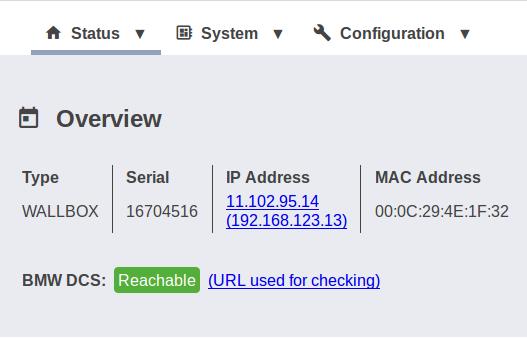 Menu - Status System overview Type of device Serial number of the Wallbox IP address of the Wallbox which is currently displaying the web interface The address shown in brackets refers to the second