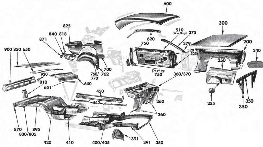 1970-74 E Body 2-Door Some items listed below are not shown in the exploded view. # Part Description Page # 100 Front Bumper... 19 101 Bumper Bolt Set... 20 105 Front Bumper Bracket Set.