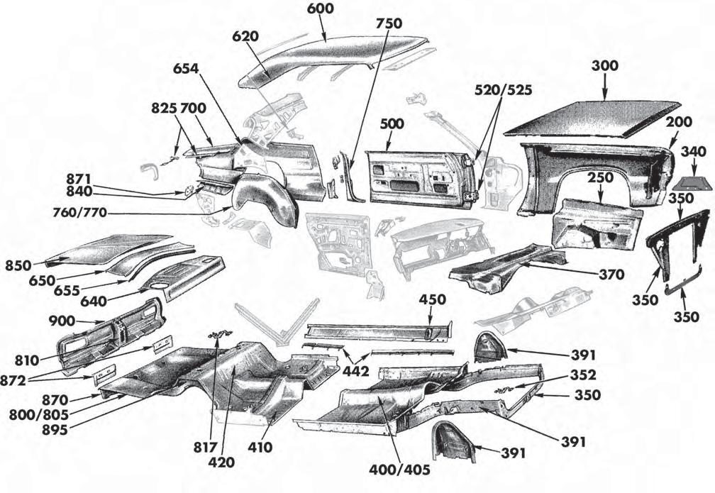 1962-74 B Body 2-Door Some items listed below are not shown in the exploded view. # Part Description Page # 100 Front Bumper... 5 101 Bumper Bolt Set... 5 105 Front Bumper Bracket Set.