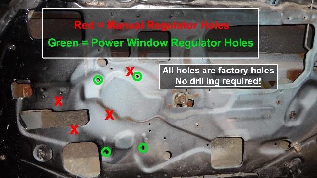 All the holes in the door are factory holes and no drilling is necessary. Place the regulator in the door and locate one bolt hole and install a bolt.
