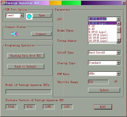 Open the software by double left clicking the icon Turnigy Aquastar ESC on desktop.