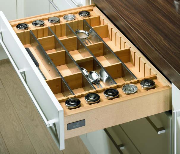 Double walled wooden drawer system InnoTech for variable drawer widths/ standard cabinet widths Wooden kitchen organiser high quality, stylish and luxurious.