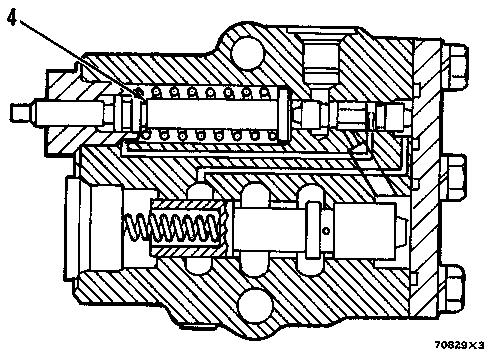 CROSS-SECTION OF THE TRACK BRAKE VALVE 4. Plunger. 6. If the oil pressures at locations (1) and (2) are not the same, make an inspection of the check valves in the combiner valve.