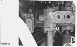 RELIEF VALVE FOR MAIN SYSTEM OIL 3. Relief valve. 1. Install pressure gauge in location (1) and/or (2). 2. Screw the plunger in on the track brake valve until the spool is blocked. 3. Start the engine.