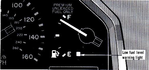 FUEL GAUGE ENGINE COOLANT TEMPERATURE GAUGE Overheating Normal range Low fuel level warning light The gauge is displayed when the ignition switch is on and indicates the approximate quantity of fuel