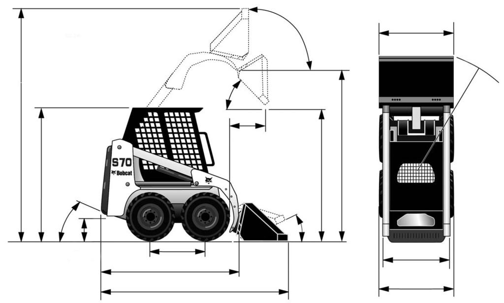 (S70) LOADER SPECIFICATIONS Machine Dimensions Dimensions are given for loader equipped with standard tyres and 36 in. dirt bucket and may vary with other bucket types.