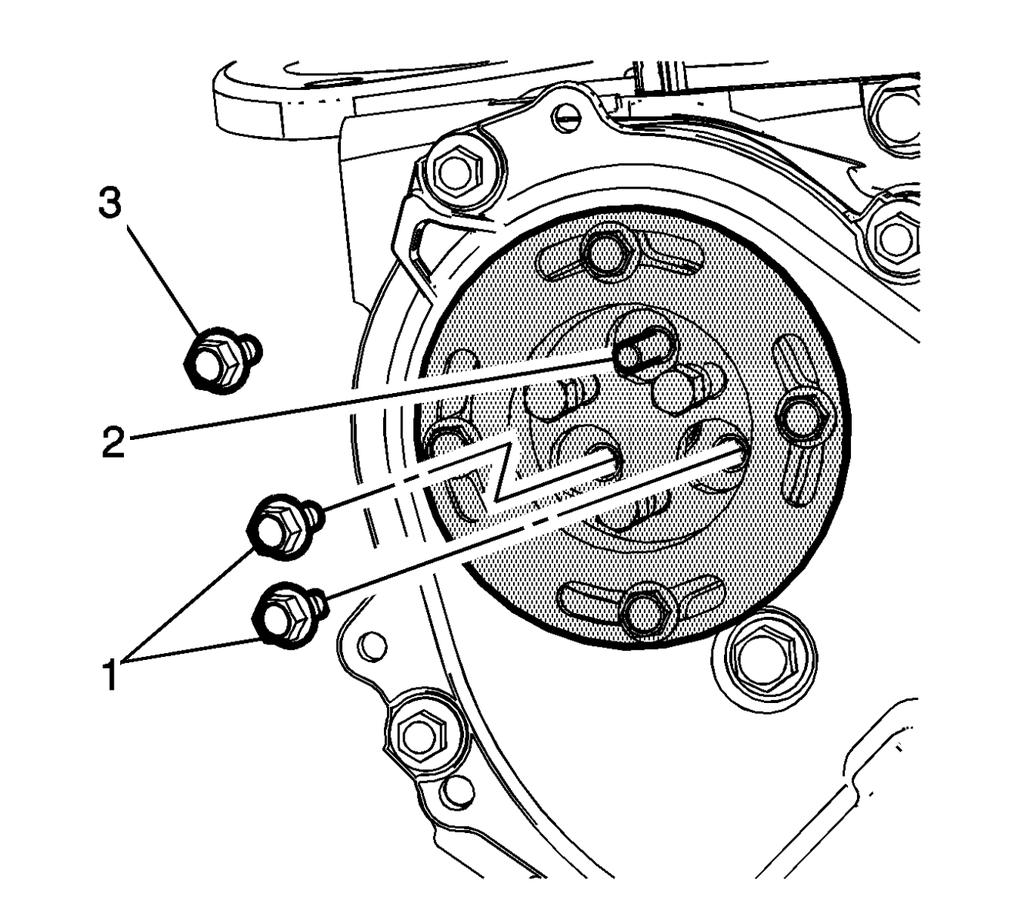 4. Install 2 water pump sprocket to water pump fasteners (1). After the fasteners are snug, remove the guide pin (2) and install the third fastener (3) and tighten to 10 Y (89 lb in). 5.