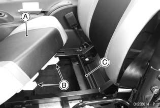 Make sure the seat is securely latched before operating vehicle. j A. Seat B.