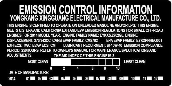 Air Quality Index (only for California certified models) CARB requires that an air quality index label be attached to every certified engine showing the engine emission information for the emission