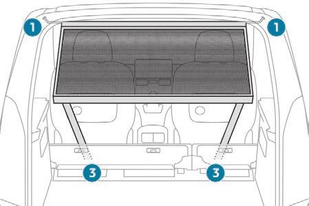 Ease of use and comfort High load retaining net Installation behind row 1 F Fold down the rear seats. F Tighten the straps without raising the bench seat.