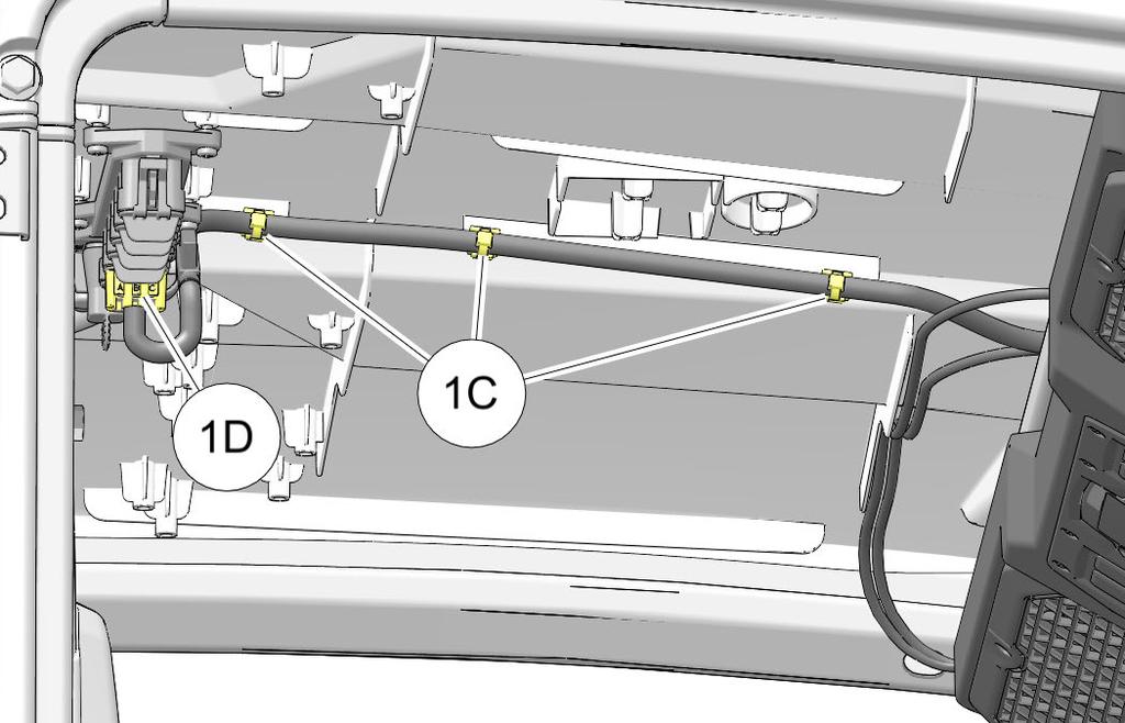 d. Reinstall roof panel and reconnect associated electrical harnesses. See previous Step 3e for detail. Route harnesses to prevent contact with sharp edges, and pinching between ROPS and roof panel.
