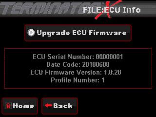 ECU HW/FW This screen displays more detailed Terminator X ECU information, and is also where you go to upgrade ECU firmware.