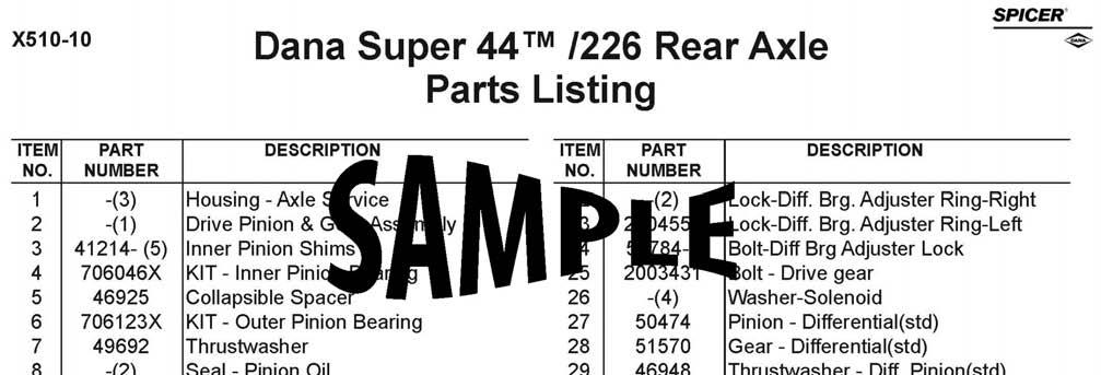 Each model contains the following three sections as appropriate: Parts Listing and Exploded View This section contains an exploded view of the axle and lists all the part numbers for those parts