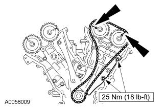 3. NOTE: LH shown, RH similar. Hold the chain tensioner ratchet lock mechanism away from the ratchet stem with a small pick. 4.