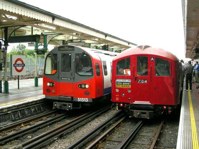 Above: Almost 60 years separate the period when these stocks first entered passenger service, the leading car of the 1938 Tube Stock on the right on 30 June 1938 and the 1995 Tube Stock train on 12