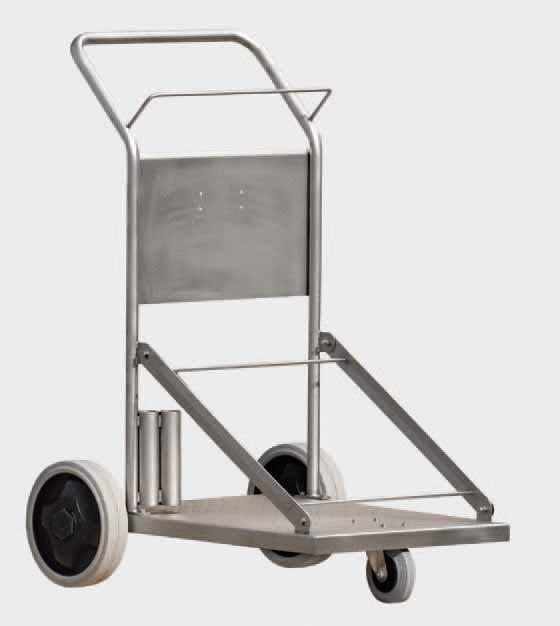 Stainless steel. Trolley with two grey and non-fading wheels.