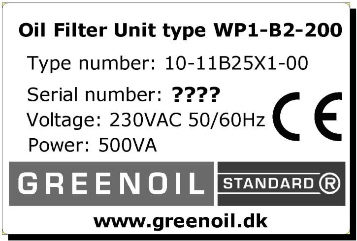 Identification The filter unit is labelled with a type identification label containing the following information : 1234 Type 10-11B25X1-00 designates a filter unit with suction pump. Serial no.