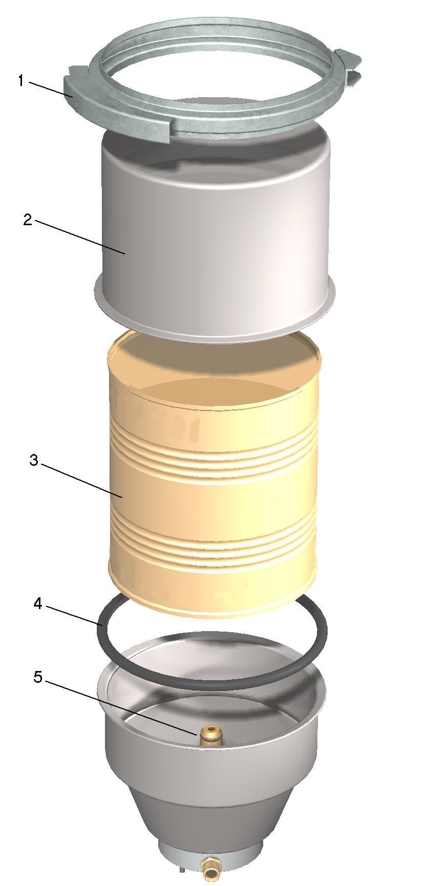 Pull up the used filter insert (3). The filter is sealed by a O-ring (5). Let the oil drain from the filter centre tube. The filter can now be removed without oil spill. 4.