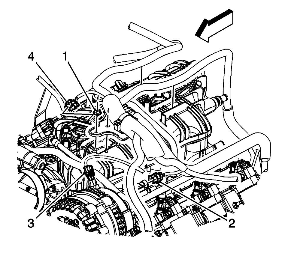41. Install the engine harness clip (4) to the ignition coil bracket stud. 42. Connect the engine harness electrical connectors (3) to the left side fuel injectors. 43.