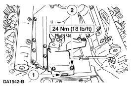 1. Position the turbocharger pedestal. 2. Install the bolts. 66. Position the engine harness onto the engine. 67. Connect the camshaft position (CMP) sensor electrical connector. 68.