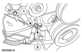 Install the ground cable onto the right side of the engine block. 1. Position the ground cable. 2. Install the stud bolt.