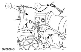 3. Remove the compressor manifold. 5. Remove the exhaust outlet pipe from the turbocharger. 1. Loosen the Marmon clamp. 2. Pull the exhaust outlet pipe away from the turbocharger. 6.