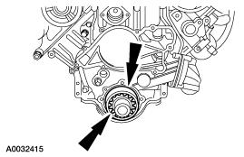 4. Refer to General Procedures in this section for pump component inspection. Installation 1. CAUTION: The inner gerotor must be installed with the words "OUT" or "DAMPER" facing away from the engine.