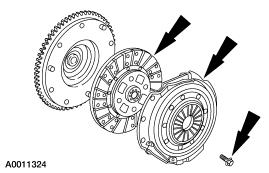 2. Remove the bolts, the clutch pressure plate and the clutch disc (7550). 3. Remove the flywheel. 1. Remove the bolts. Install the guide studs. 2. Remove the bolts. 3. Remove the reinforcing ring (7.