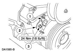 35. Install the exhaust back pressure sensor and tube. 1. Position the sensor and tube. 2. Install the nut. 36. Install the high pressure oil pump. 1. With a new gasket, position the high pressure oil pump.