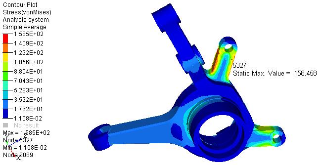 FINITE ELEMENT ANALYSIS OF STEERING KNUCKLE To watch max stress produce into steering knuckle, model is submitted to extreme consideration and analysis is carried out.