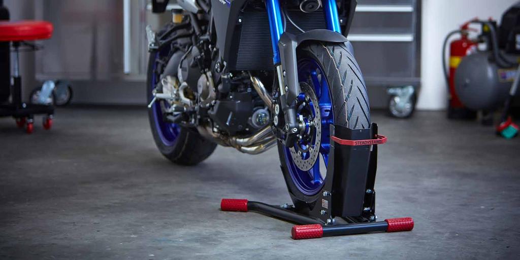 PARKING Suitable for wheels from 15 to 19 inches Suitable for tyre widths from 90 to 130 mm SteadyStand With the Acebikes SteadyStand your motorcycle is firmly anchored in
