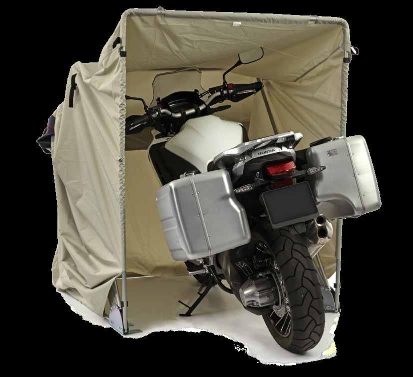 The Folding Garage creates an instant wind-sheltered spot on private property for almost any type of motorcycle.