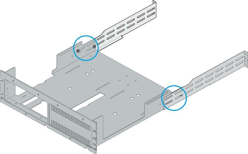 2. Install the two rear-support brackets to the chassis as shown in the following figure using two #10-32 3/8 pan-head screws and two #10-32 Keps washer nut fasteners.