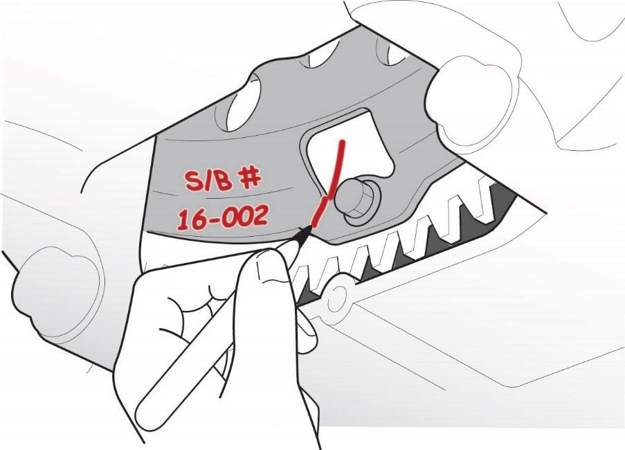 15. Mark the torque converter and the flex plate as shown. Then, write the bulletin number (16-002) on the flex plate with a permanent marker or paint marker.