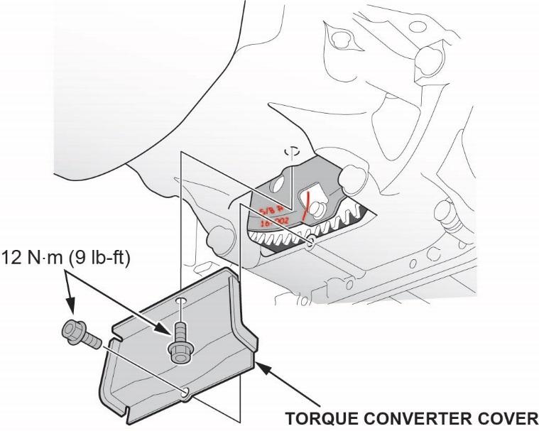 Install the torque converter cover and torque the bolts to 12 N m (9 lb-ft). 17. Install the new starter and gasket. Then, torque the bolts to 45 N m (33 lb-ft). 18.