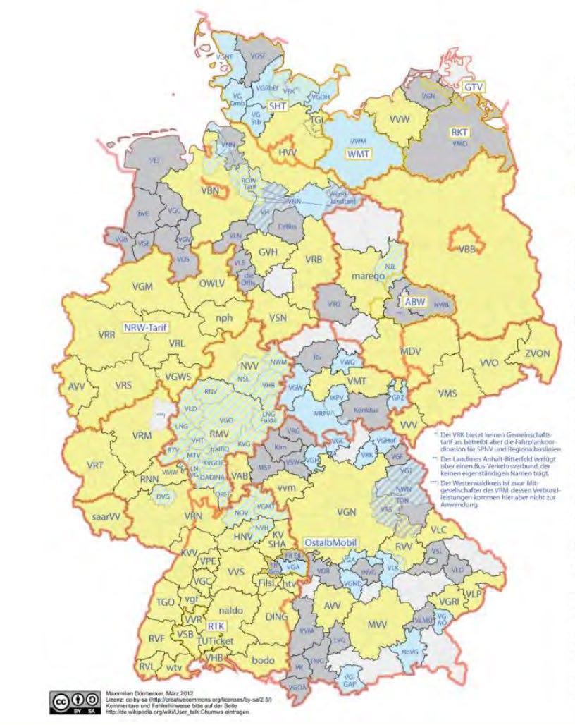 58 Verkehrsverbünde in Germany (population 82 million) First founded as HVV in Hamburg (1965) 70% of the area with 85% of population are covered by Verkehrsverbünde Financial aspects: In Germany 76%