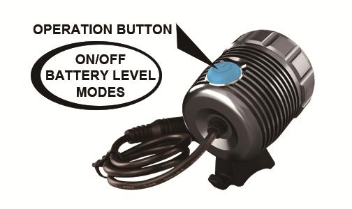 Light System and Operation: Operation Modes: The initial short press of the button will turn the light on. Each additional short press of the button switches the light from one mode to the next, i.e. High, Medium, Low, Flash.
