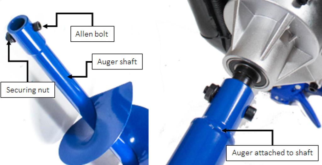 AUGER BIT ASSEMBLY FUELING. Take the Allen key and box spanner (small end) and undo the bolt that passes through the end of the auger bit.
