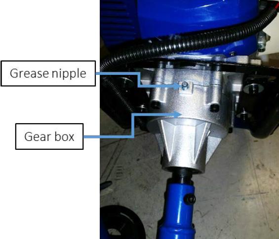 GEAR BOX STORAGE. Use a high temperature gearbox grease.. Check the gear box grease every 30 hours of use and fill as required. Thereafter check and top-up after every 5 hours. N.B. 0 grams is sufficient for a full top-up.