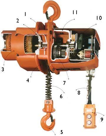 Electric Chain Hoists 1. Center Frame 2. Wear-Resistant Durable Load Sheave 3. Heavy Duty Motor 4. Over-Hoist, Over-Lower Protection 5. Forged Steel Hooks 6.